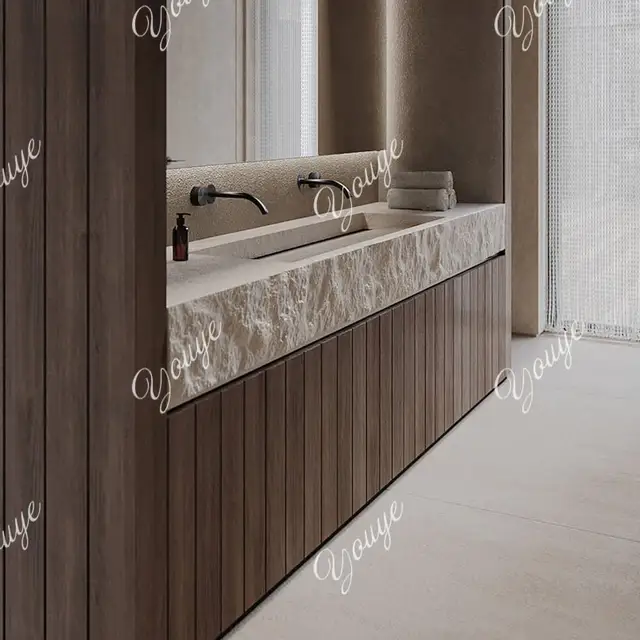 อ่างล้างหน้าคู่แบบวินเทจทำจากหินทราเวอร์ทีน พร้อมพื้นผิวแบบมีเท็กซ์เจอร์ ติดตั้งใต้เคาน์เตอร์ พร้อมท่อระบายน้ำแบบซ่อน  อ่างล้างหน้าสไตล์กลางศตวรรษ ทำจากหินเทียม 2