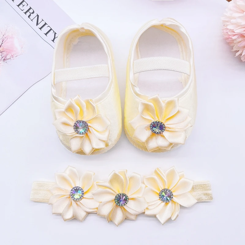 10.5-11.5CM Baby Girls Princess Flower Shoes Headband Set First Walker Shoe Infants Toddlers Soft Sole Anti-skip Spring Autumn