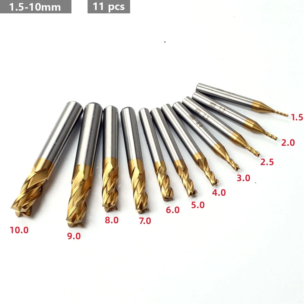 4 Flute Mill HSS Titanium End Mill Set 7/11 Pieces 1.5-1.0 mm CNC Milling Cutter for Wood Metal Steel Milling 4 Flute Mill HSS Titanium End Mill Set 7/11 Pieces 1.5-1.0 mm CNC Milling Cutter for Wood Metal Steel Milling