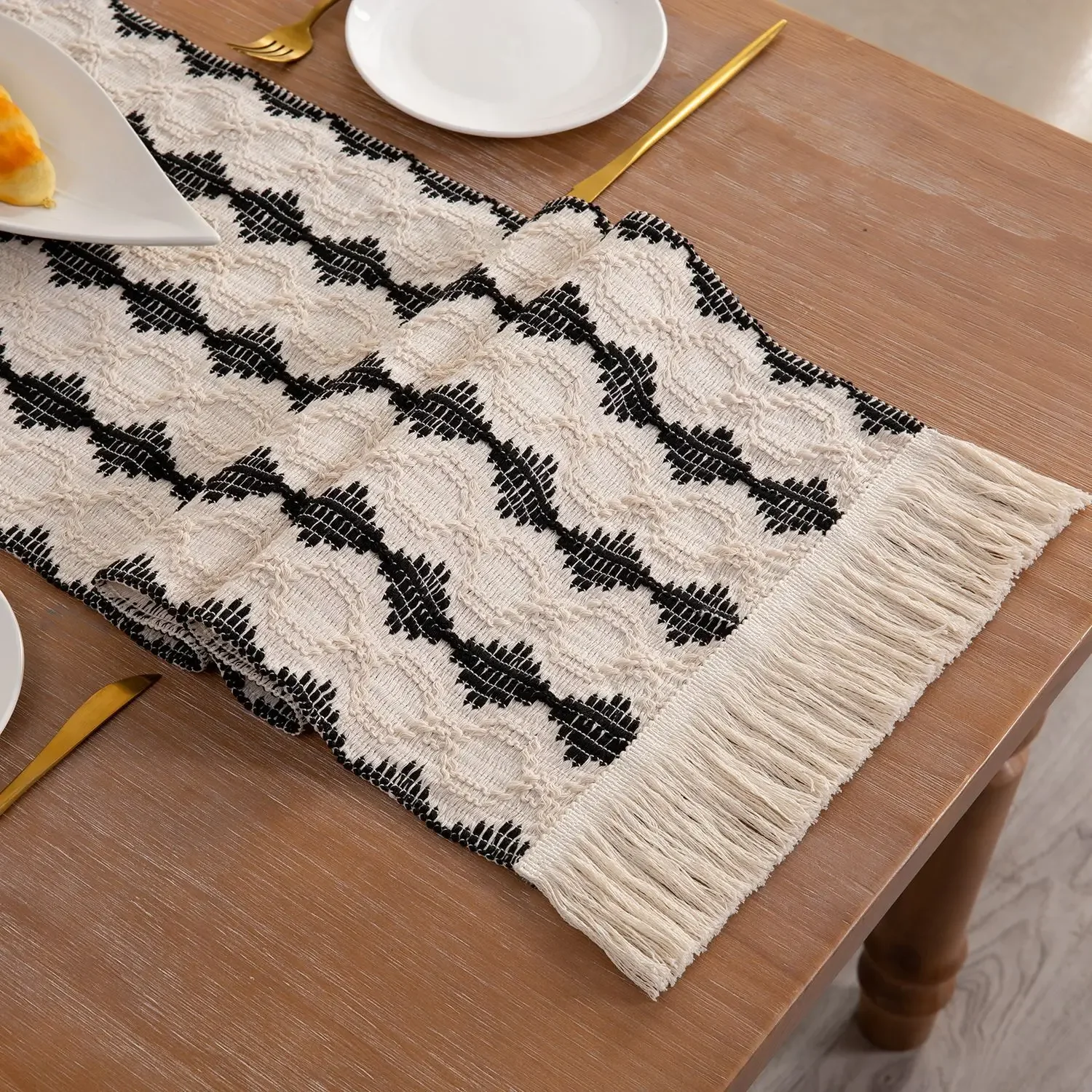 6640-L Cotton and linen table flag striped splicing woven tassel table flag modern simple long tablecloth 3