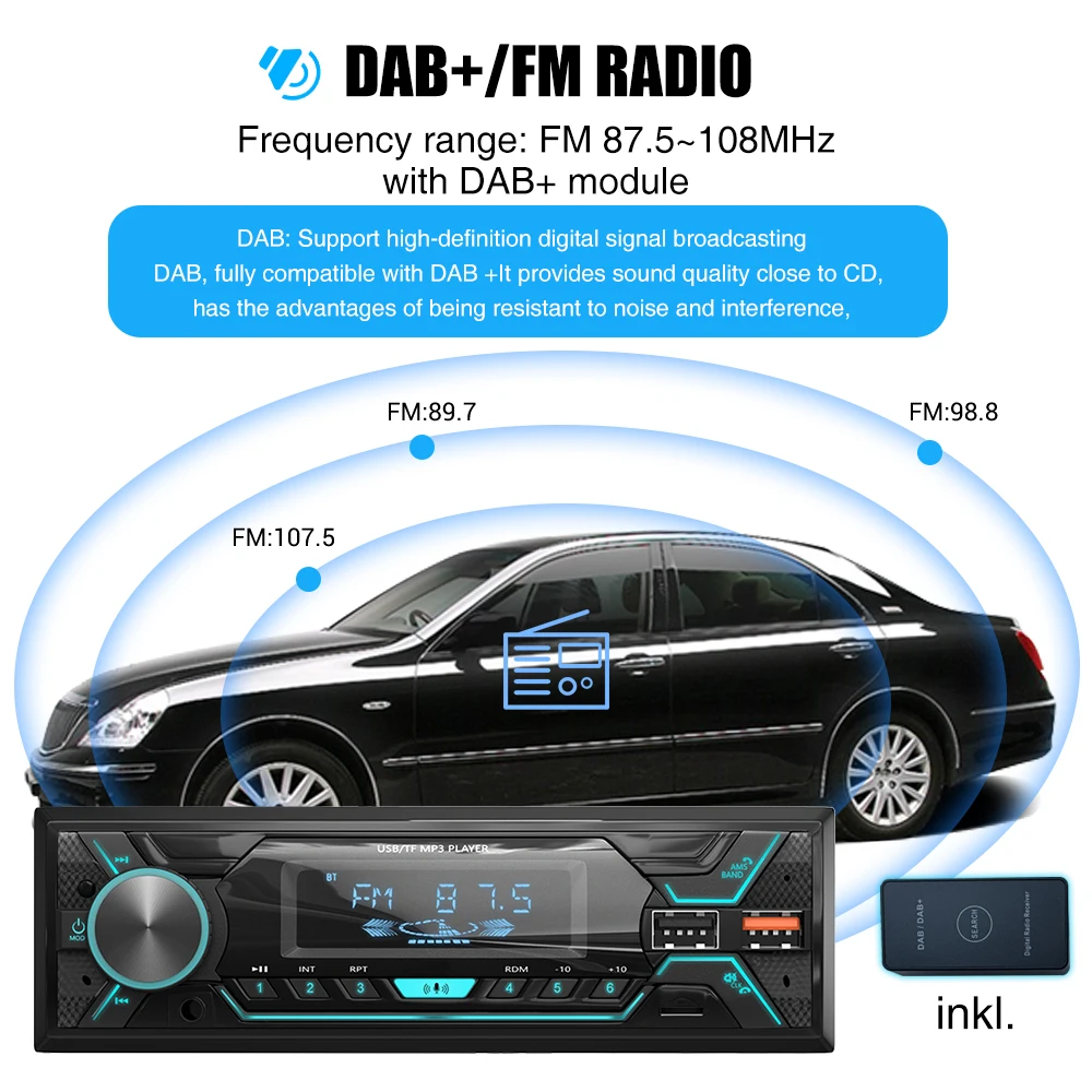 MOPECT DAB+ Single 1 DIN Autoradio Bluetooth Stereo MP3-Player 2USB/TF/FM/AUX Haupteinheit MP3-Player Einbau-Fernbedienung Ohne CD – Detail 5