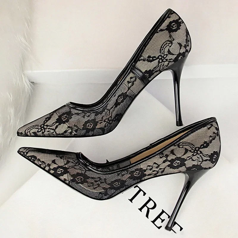 

Shoes Mesh Hollow Lace Woman Pumps 2023 Spring Women Heels Sexy Party Shoes Thin Stiletto Heels Women Shoes 6 Colour