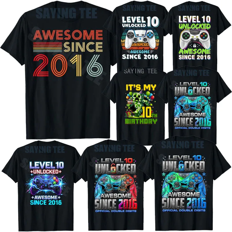 10-jährige Geburtstagsdekorationen für Jungen, T-Shirt „Awesome Since 2016“, Level 10 Unlocked Video Gamer, 10. Geburtstag, Neuheits-T-Shirt-Kleidung