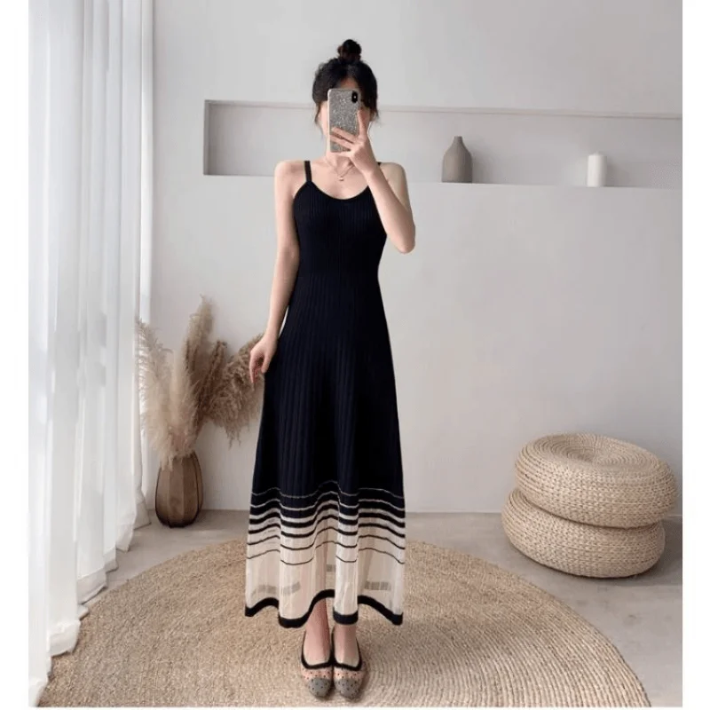 

2024 New Women Elegant Camisole Backless Dress Korean Fashion Spring Summer Knitted Prom Black Mesh Long Dresses on Sales With