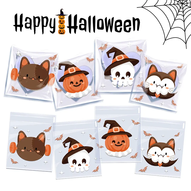 100 Stück Halloween 4 in 1 Cartoon-Keksbeutel, transparente süße Kürbis-Geist-Süßigkeiten-Schokoladen-Verpackungsbeutel