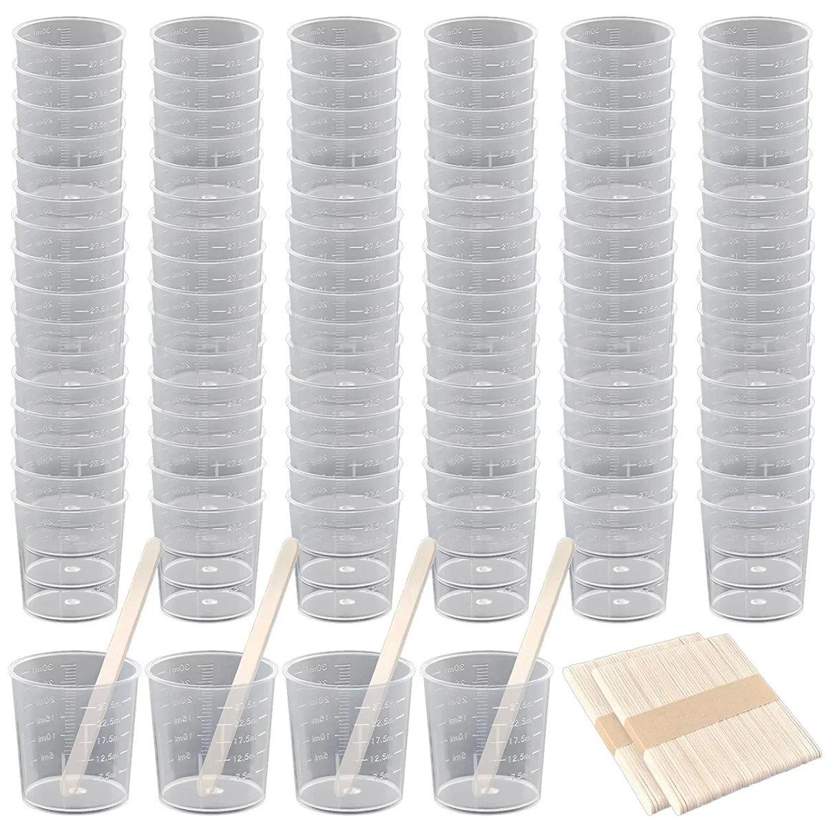 

100 Pack 30Ml/2Oz Plastic Graduated Cups Transparent Scale Cups Clear Epoxy Mixing Cups with 100 PCS Stirring Sticks