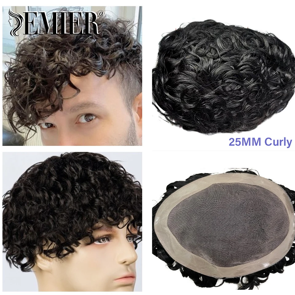 20mm Curly Natural Black Weave Toupee For Men 100% Human Hair Wig