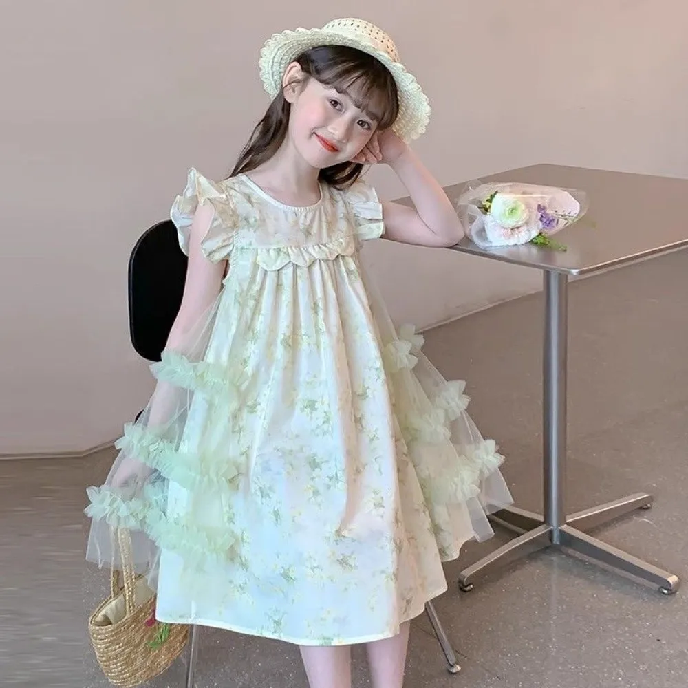 Floral Print Pleated Kids Ruffles Mesh Dress Round Neck Loose Girls Puff Sleeve Skirt Long Flower Lace Children Princess Dress