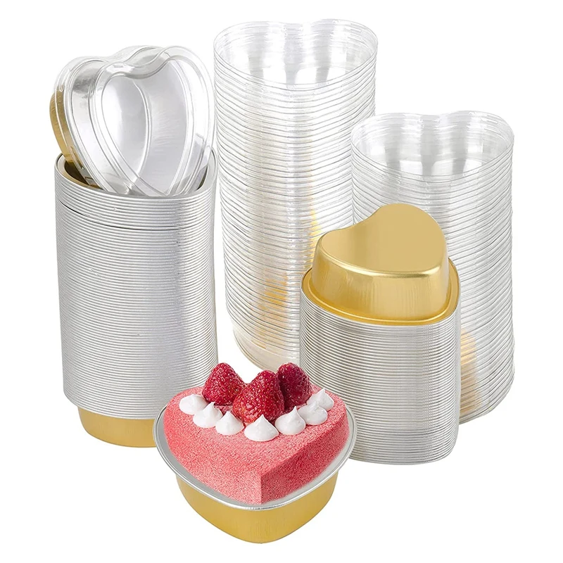 100Pcs Muffin Cupcake Cups,Heart Shaped Cups With Lid,Disposable