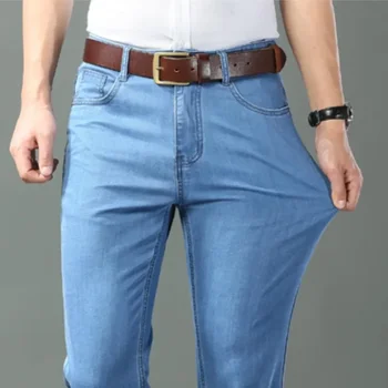 Nuovi jeans in denim sottile di seta ghiacciata per uomo Pantaloni in cotone elasticizzato dritto blu Pantaloni leggeri casual da lavoro Primavera Estate 1