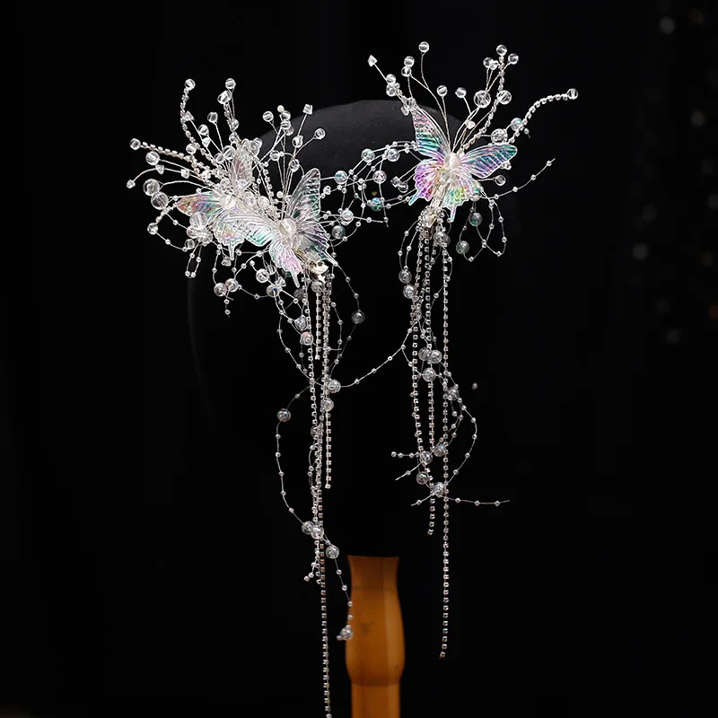Crystal Bridal Tiara Hairgrips For Women Bride Princess Butterfly Tassel Barrettes Wedding Hair Accessories