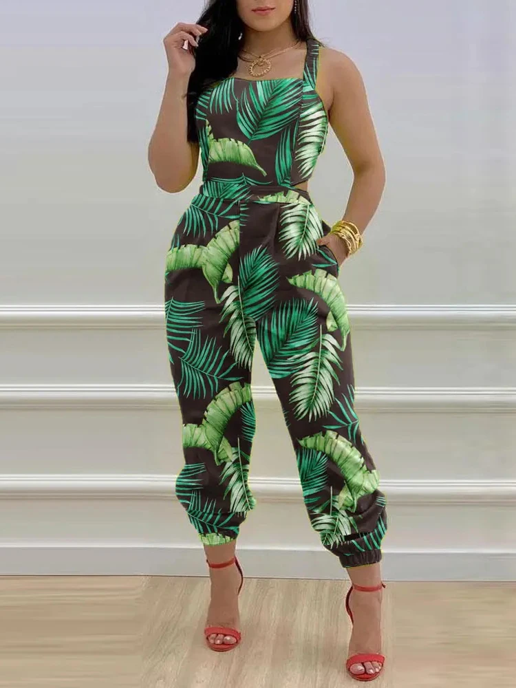 Summer Jumpsuits For Women Long Pants Sleeveless Jumpsuit Elegant Print Spaghetti Hollowed-out Square Neck Rompers Playsuits