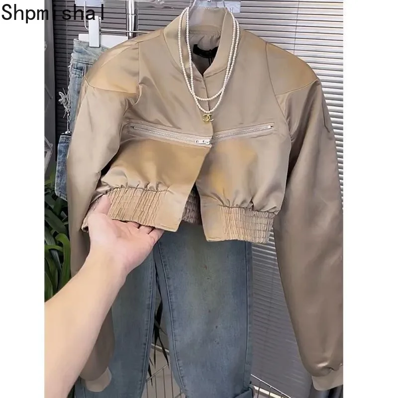 

Hong Kong Style Short Baseball Coat Women's 2023 Autumn New High Waist Standing Neck Zipper Fashion High Street Jacket Top