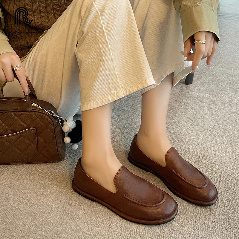 RAINBOW Size 33-40 Women Flats Loafers Soft Genuine Leather Low Heels Shoes 2025 Ins Casual Slip On Daily Office Lady Dress 3