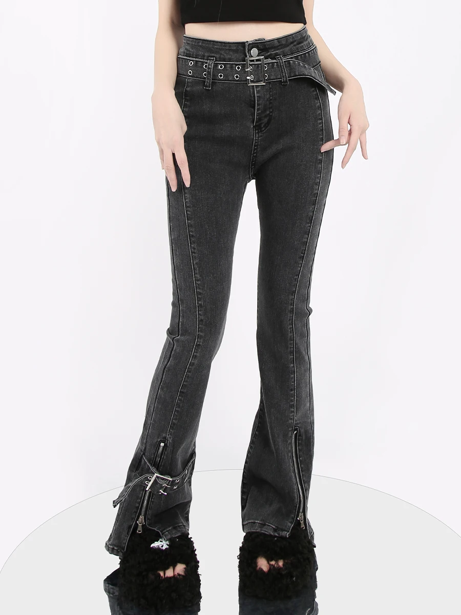2023 Autumn And Winter New Denim Pants Stretch Denim Heavy Industry Women's Slimming Punk Washed Dark Gray Cool Zipper Jeans