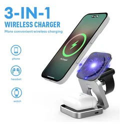 Magnetic Foldable 3 - in - 1 Wireless Charging Station - Portable Travel Charger for Phone, Earbuds, and Smartwatch (PB11 Black)