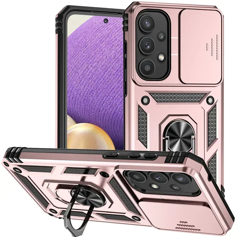 Military Grade Shockproof Phone Case with Slide Camera Lens Cover & Holder Ring Stand