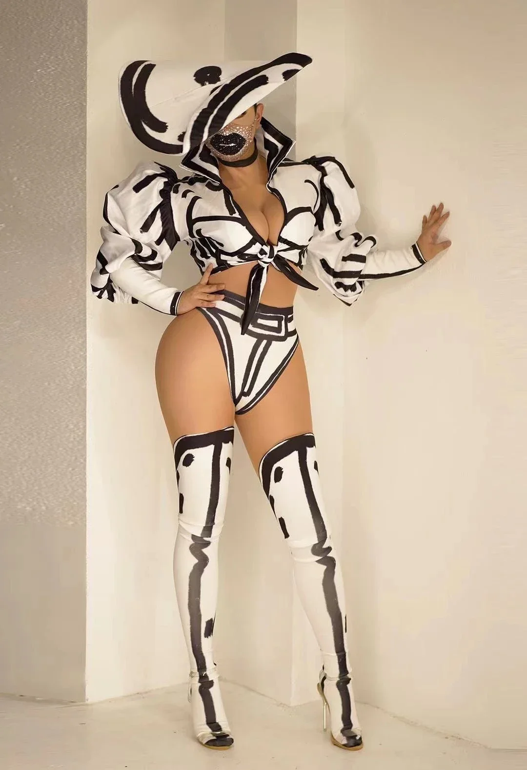 

Sexy Nightclub Bar Party Hat Jacket Pants Foot Cover Outfit Leopard Artist Women gogo Print Jazz Dance Stage Dancer Wear