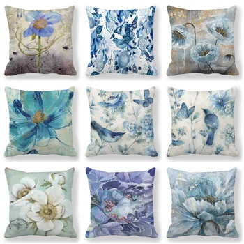 Blue Watercolor Floral Plush Pillow Cover 1
