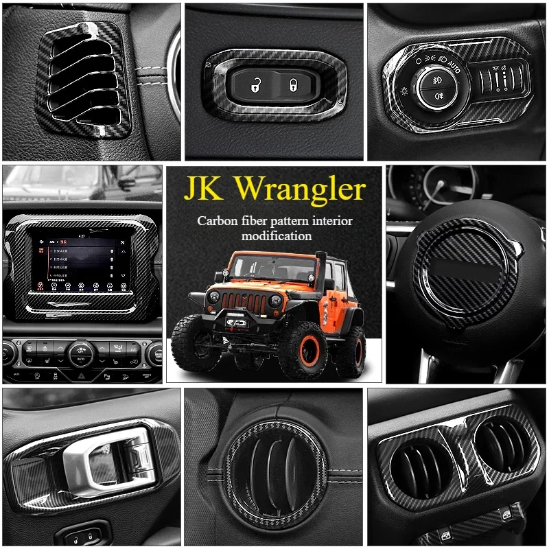 지프 랭글러 JL 2018-2023 인테리어 수정 중앙 제어 스티어링 휠 탄소 섬유 장식 패널에 적합