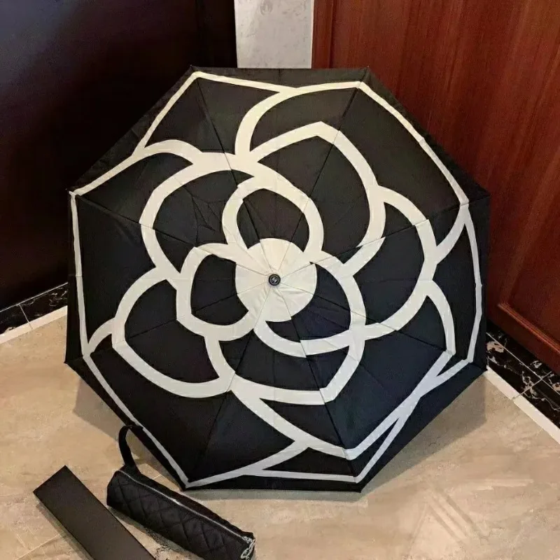 

French Retro Camellia Sinensis Automatic Sunshade Ins Minimalist Anti-UV Windproof and Rainproof Women's Three Fold Umbrellas
