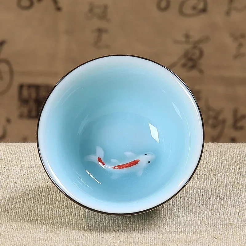 Celadon Chinese Kungfu Tea Cups Green/ Blue Embossed Carp Goldfish Teacup Small Fish Creative Ceramic Tasting Cup 40ml 6.3*3cm