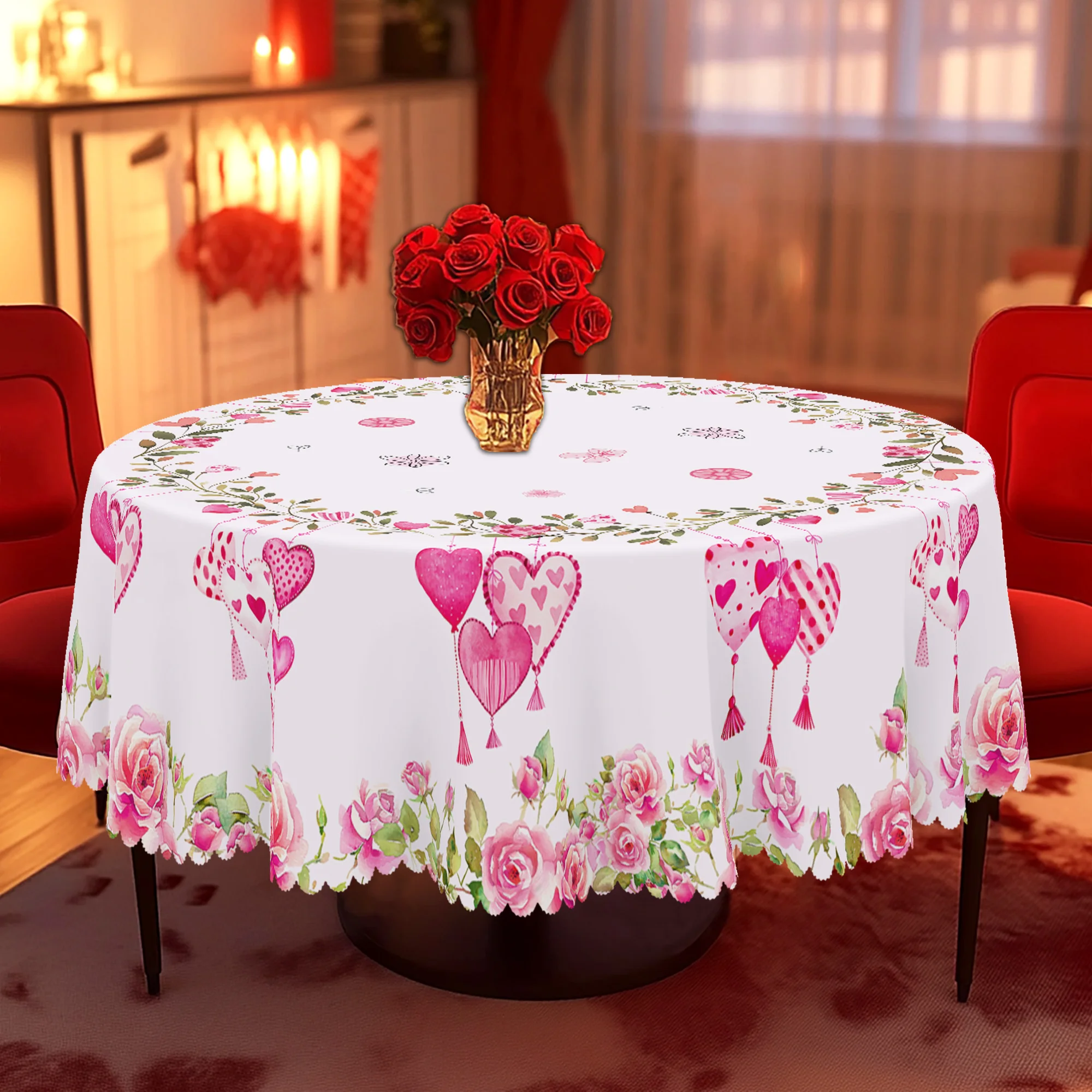 שמיכת שולחן עגולה וריבועית ליום האהבה, זמינה במגוון גדלים, דוגמת בלון בצורת לב רומנטית, קישוט לשולחן בחצר ליום האהבה, מתאימה לשימוש יומיומי בבית, במטבח ובחצר, מתנה