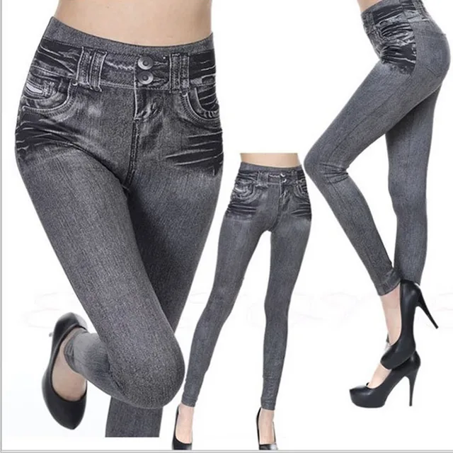 1pcs Women's Denim Print Leggings Females Fashion Slim Leggings Faux Jeans Leggings Lady Stretch Printed Tights Black Blue Pants 2