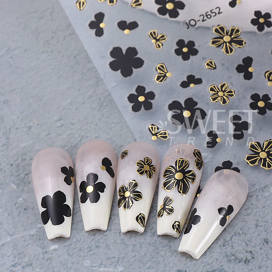 3pcs 3D Black French Flower Nail Stickers Simple Gold Silver Petal Nail Decals Sliders Autumn Manicure Decoration Nail Supplies
