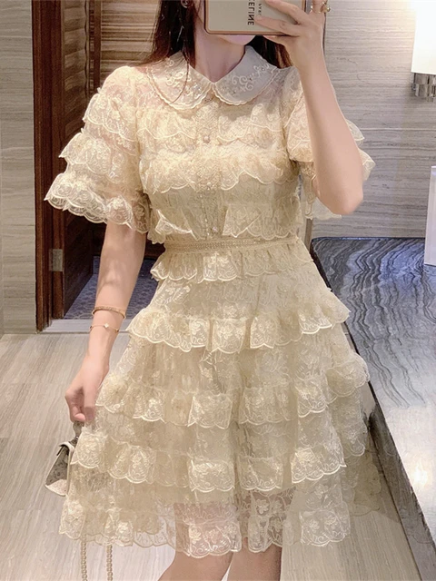 Sweet White Lace Floral Embroidery Hollow Out Dress Summer Women's Bead Bow  Short Sleeve Short Dresses Runway Vestidos - Dresses - AliExpress