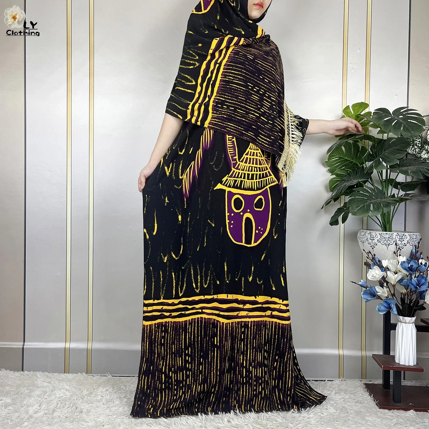 2023 New African Abaya Summer Women Short Sleeve Printed Cotton Loose Robe Maxi Muslim Traditional Dressed With Big Shawl Scarf