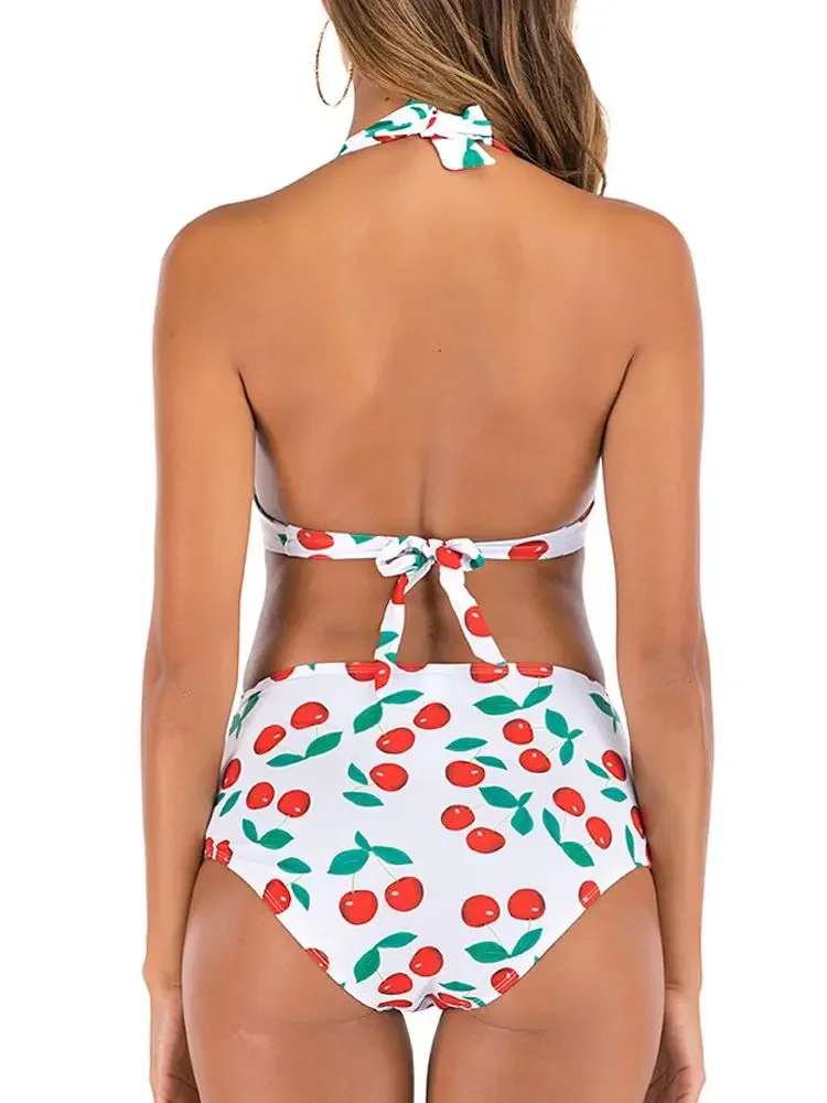 Cherry Print High Waist Bikini 2024 Push Up Swimsuit Women Swimwear Female Halter Bathing Suit Vintage Swimming Suit Biquinis