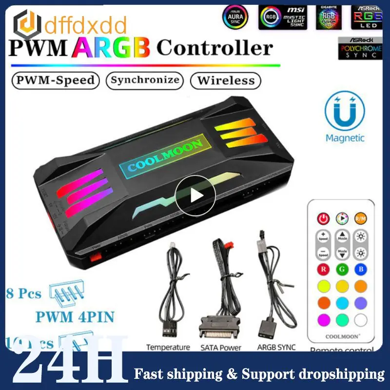 

RGB-контроллер, 4-контактный ШИМ, 5 В, 3-контактный кулер для охлаждения, Умный интеллектуальный пульт дистанционного управления для ПК, стандартное шасси