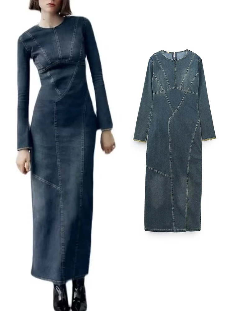 TRAF New 2023 Women Elegant Denim Mid Calf Dresses Fashion Female O