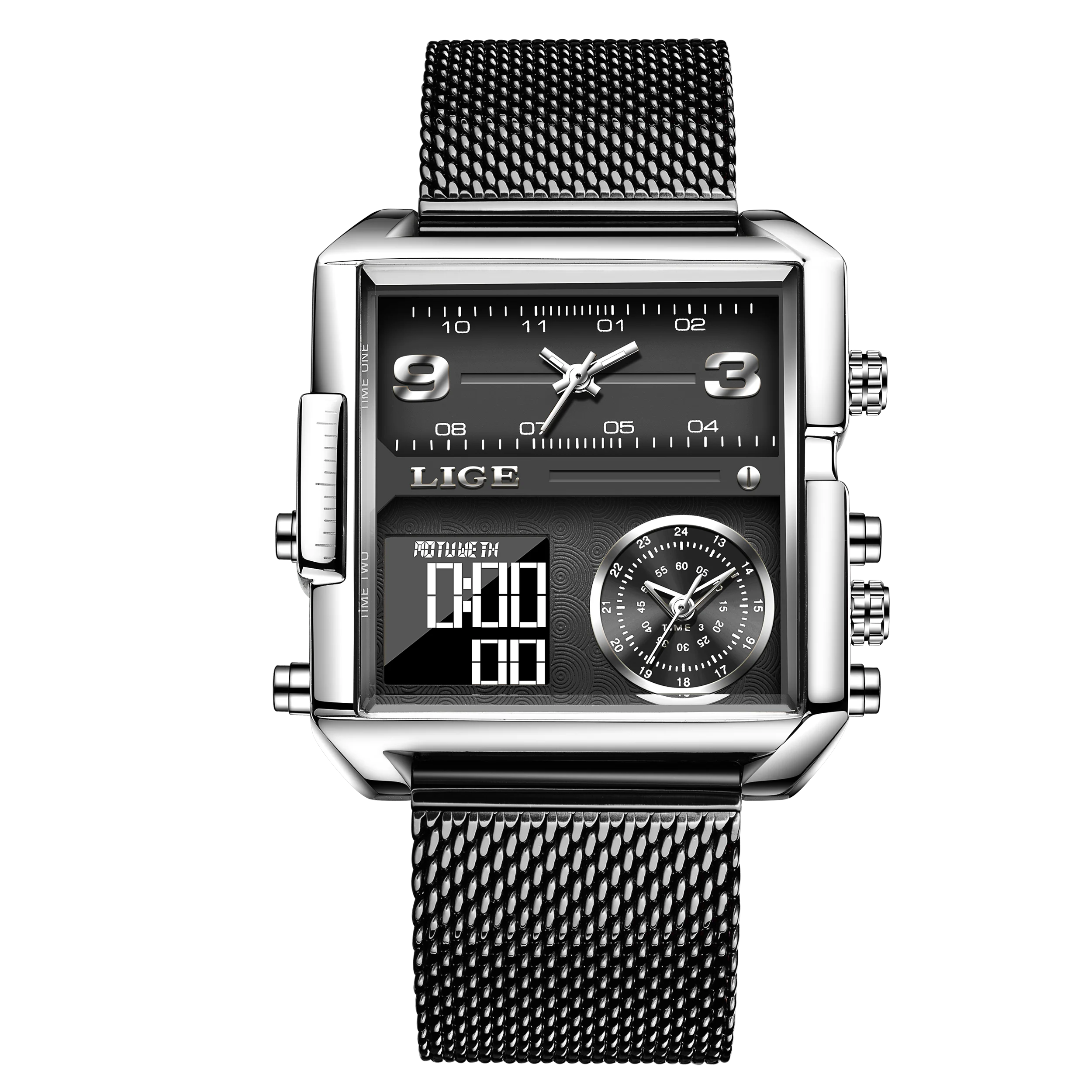 Luxury Gold Steel Sports Square Digital Analog Men's Quartz Watch