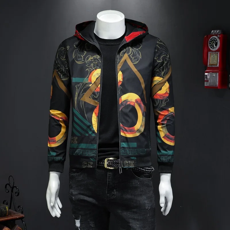 Men New Casual Jacket European and American Youth Trend Printed Hooded Zipper Fashion Slim Street Daily All-match Jacket