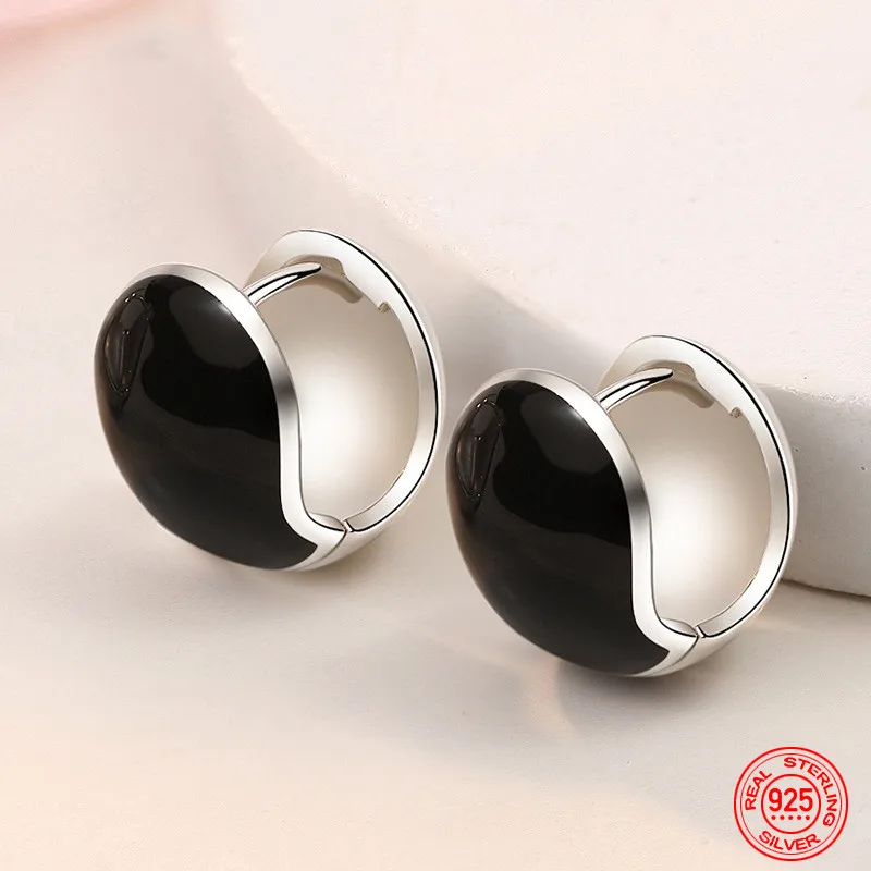 

925 Sterling Silver Black Round Hoop Earring For Women Fashion Jewelry Accessories