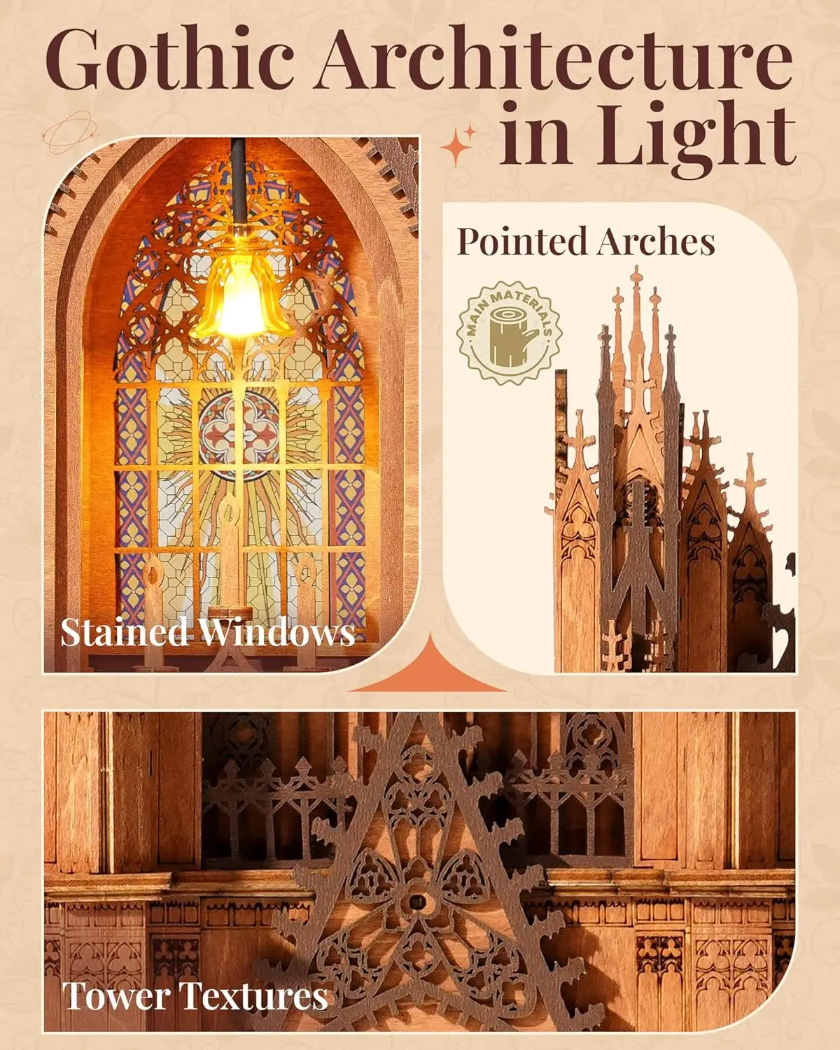 롤라이프 3D 퍼즐 트윈 타워 대성당 목재 모형 키트, 스테인드 라이트 스타리 돔 카테드라 클래식 건축물 (성인용)