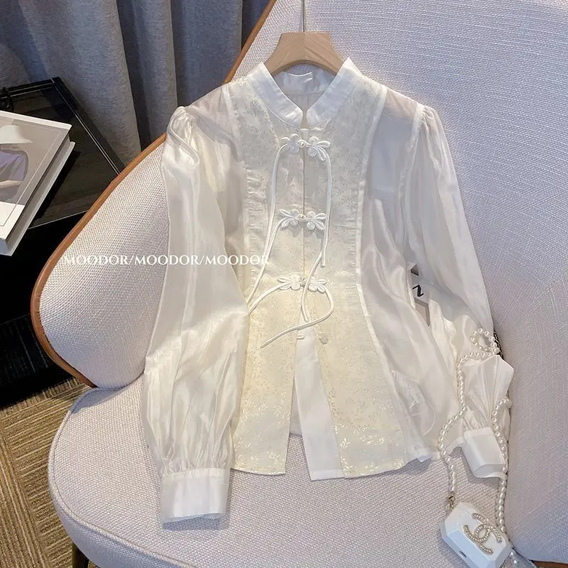 Jacquard Long Sleeve White Shirt Top Women's Spring Autumn Improved New Traditional Chinese Style Blouse Temperament Shirts