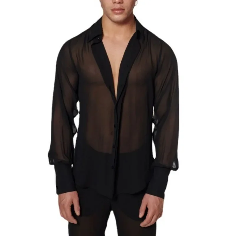Summer and Autumn Shirt Top Men Mesh See-through Loose Shirt Men Sexy Long-Sleeved V-neck Turn-down Collar Single-Breasted Shirt