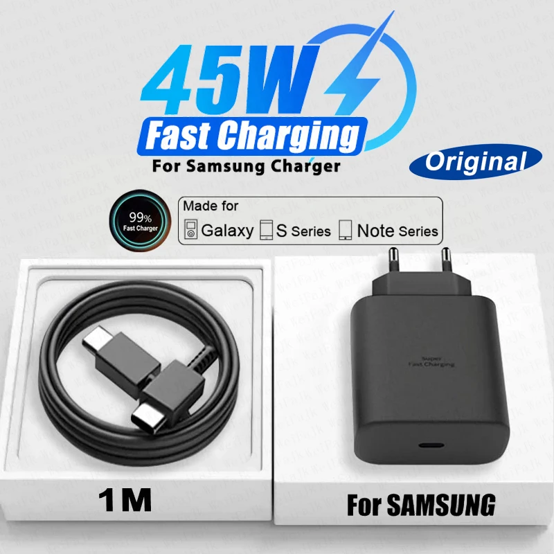 

Оригинальное быстрое зарядное устройство Samsung 45 Вт для Samsung Galaxy S22 S23 S24 Ultra S21 S20 FE S10 Note 20 Plus A71 A80 Type C Кабель для быстрой зарядки