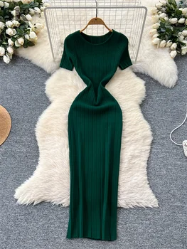 SINGREINY Summer Senior Knit Dress Fashion O Neck Slim Short Sleeve Solid Woman Elastic Trendy Bodycon Streetwear Long Dresses 1