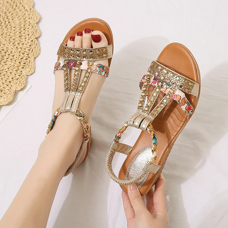 

Women Wedge Sandals Summer 2023 New Bohemia Casual High Heels Sandals Fashion Female Peep Toe Rhinestones Outdoor Beach Shoes