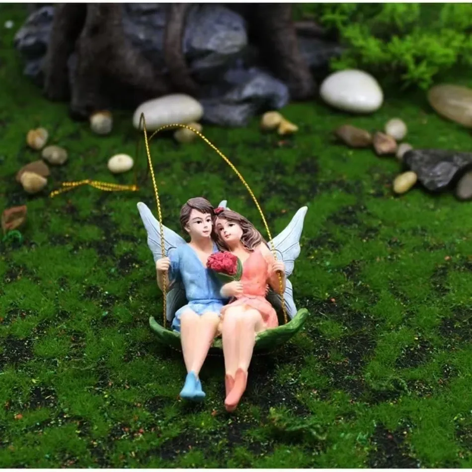 Romantic Couple Fairy Swing Statue Fairy Garden Micro Landscape Home Decoration Pendant Resin Craft Creative Scene Decoration