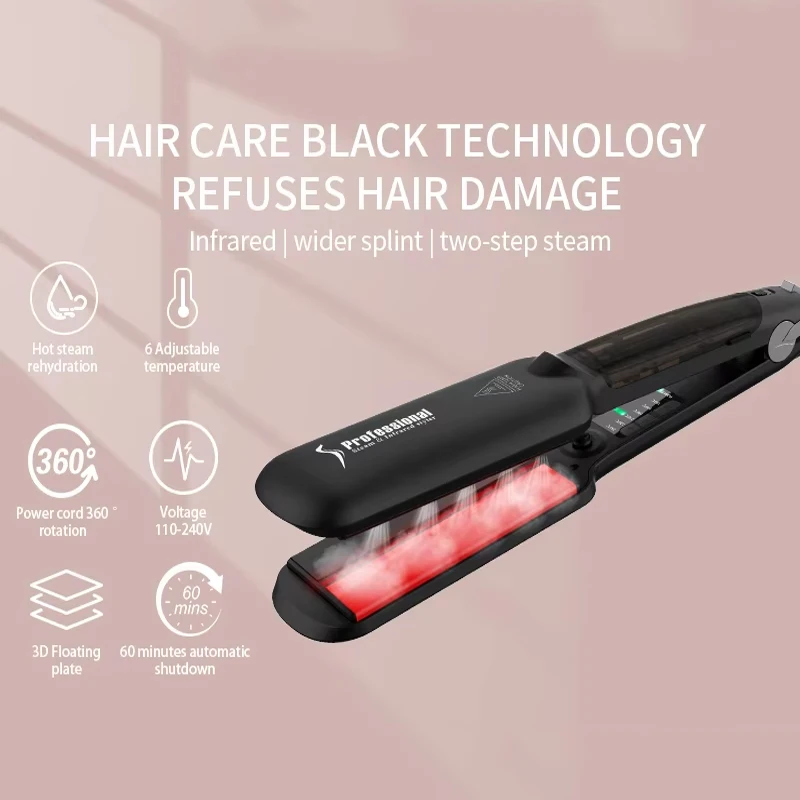 PTC heated steam straightener Infrared ceramic wide plate flat iron multi-functional professional hair straightener 3