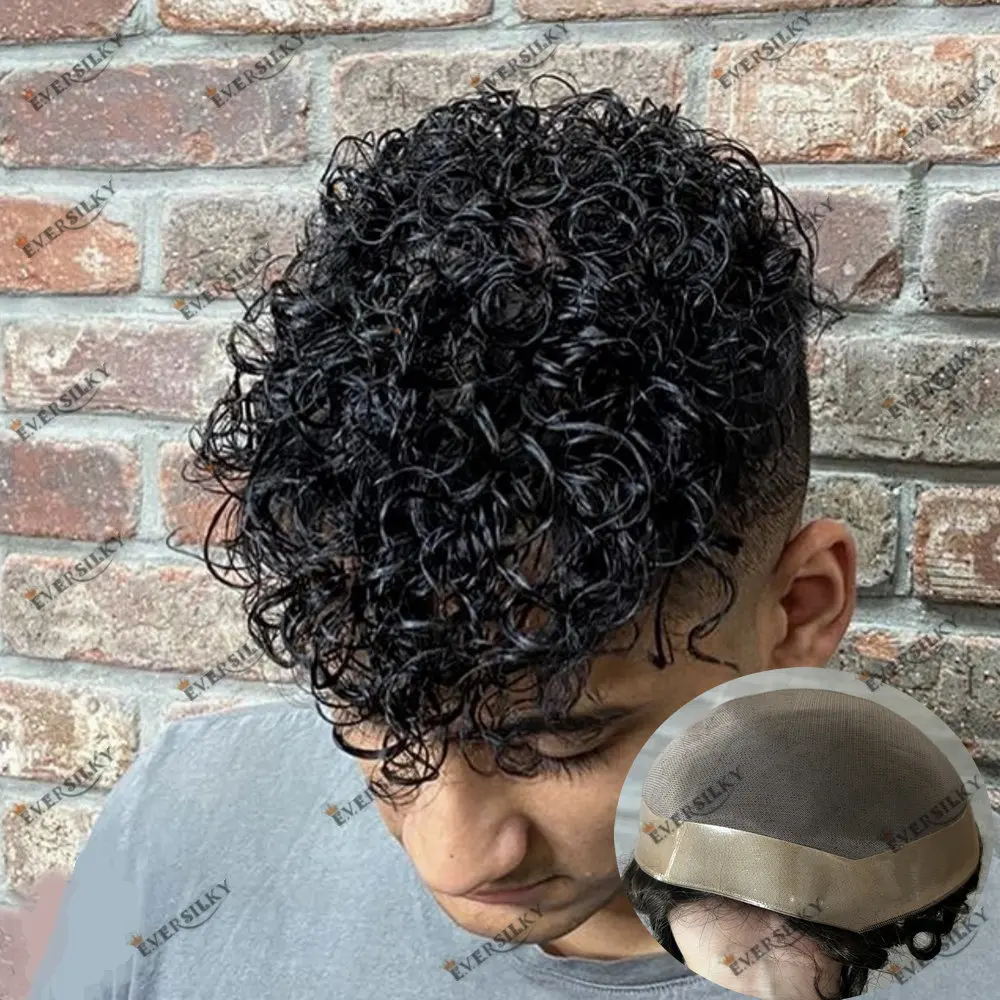 European Human Hair Toupee for Men 18mm Curly Fine Mono NPU Men Toupee Replacement System Hair Capillary Prosthesis Hair Units 2