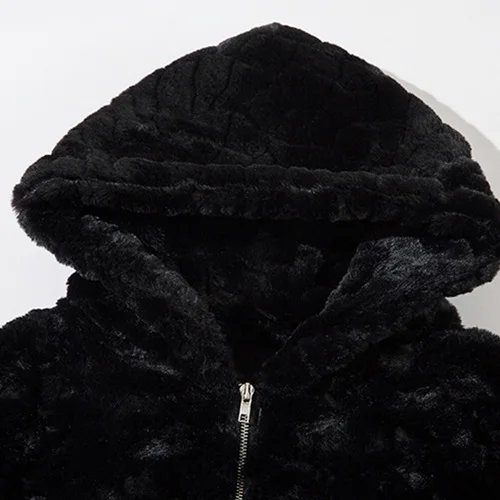 UPRAKF Plush Jacket Fleece Fuzzy Retro Black Baggy Coat Casual Outwear Tops High Street Fashion Hooded