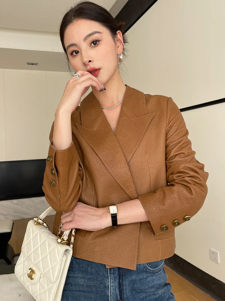 

High-end Simple Natural Sheepskin Blazer Jackets for Women 2024 New Trend Casual Slim-fit Cropped Genuine Leather Jacket