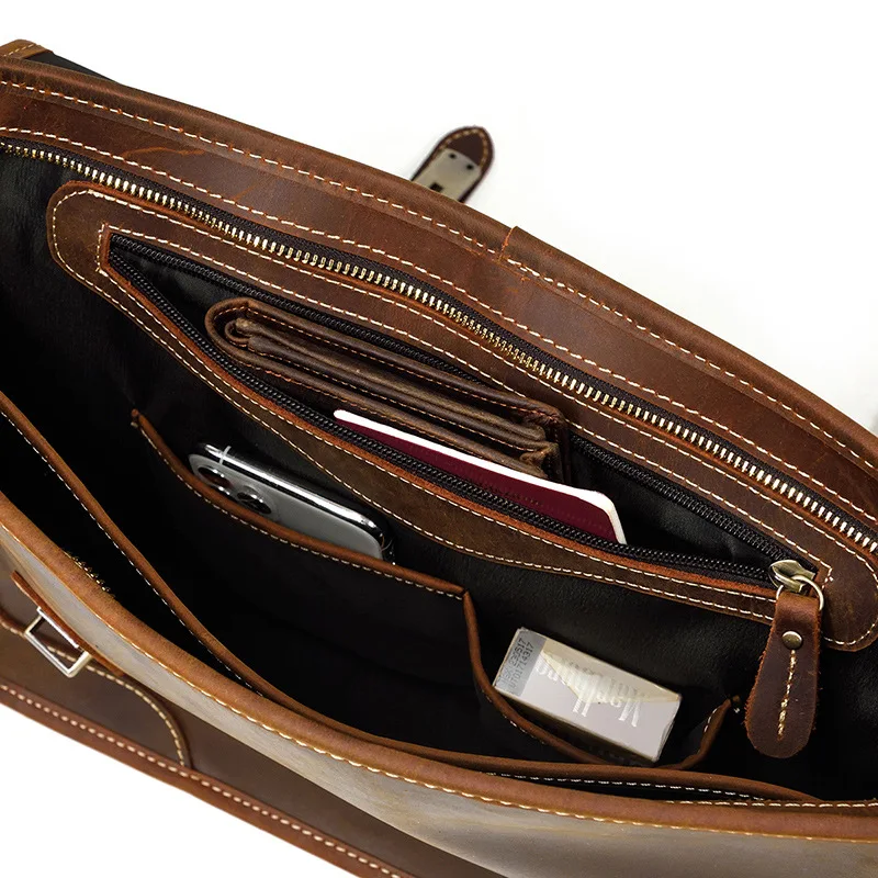 Vintage Crazy Horse Leather Men's Messenger Bag Shoulder Bag 15-inch Laptop Briefcase