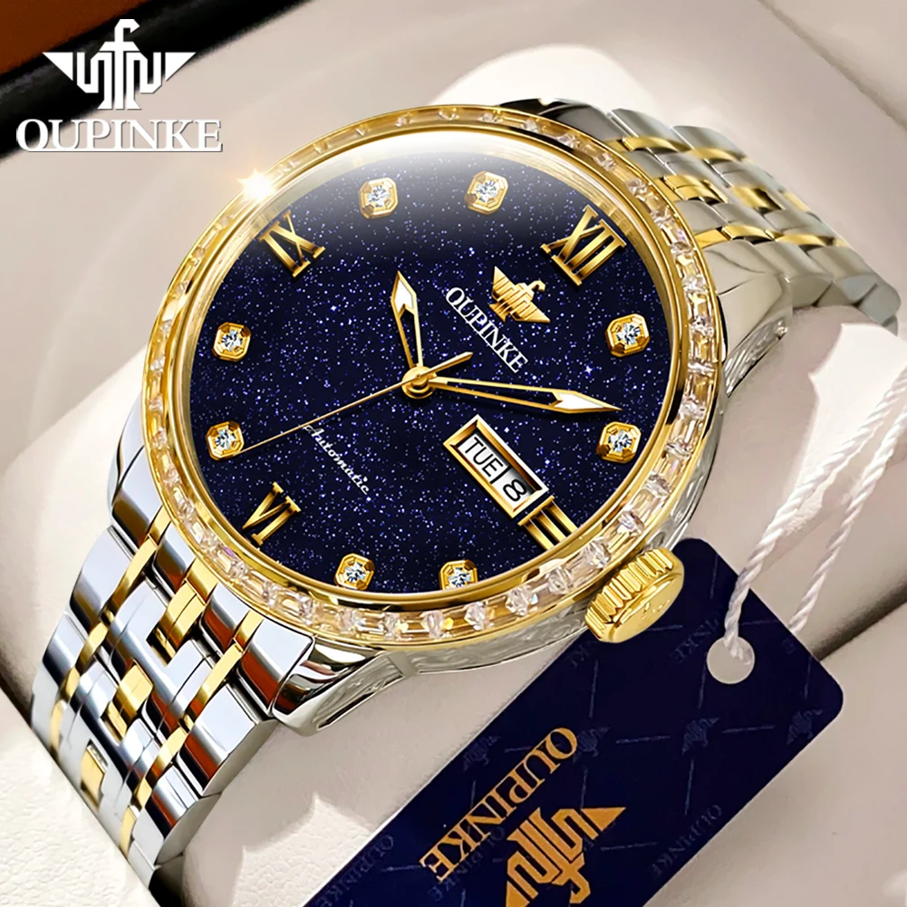 OUPINKE 3241 Japan Automatic Mechanical Watch for Man Fashion Luxury Starry Sky Dial Diamond Bezel Original Men's Dress Watches